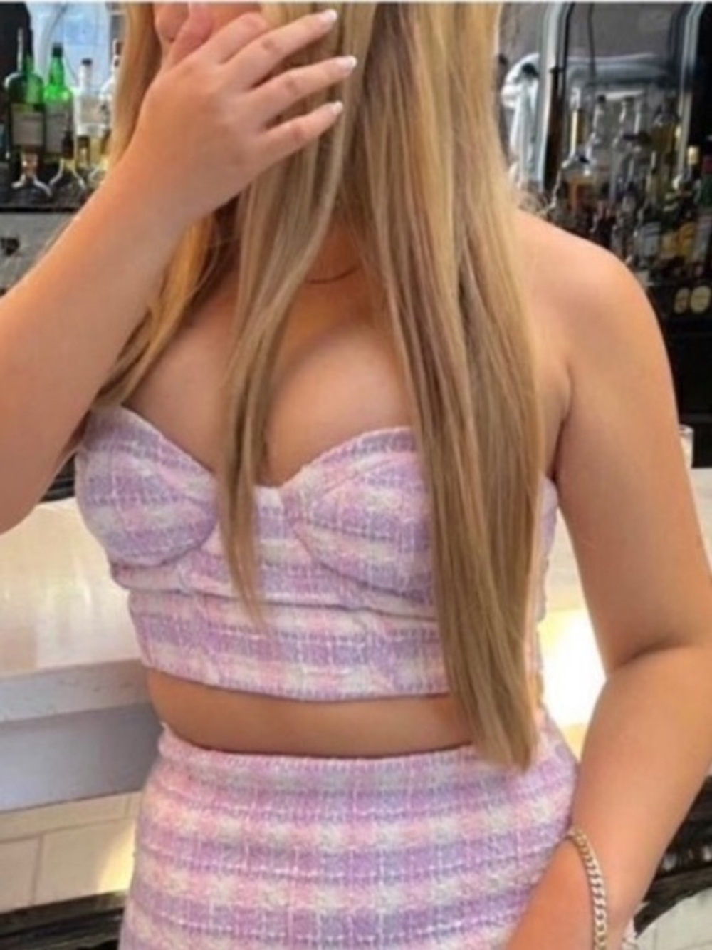 Zara Tweed Bustier Crop Purple Pink Gingham Strapless Corset Top Women’s Small
